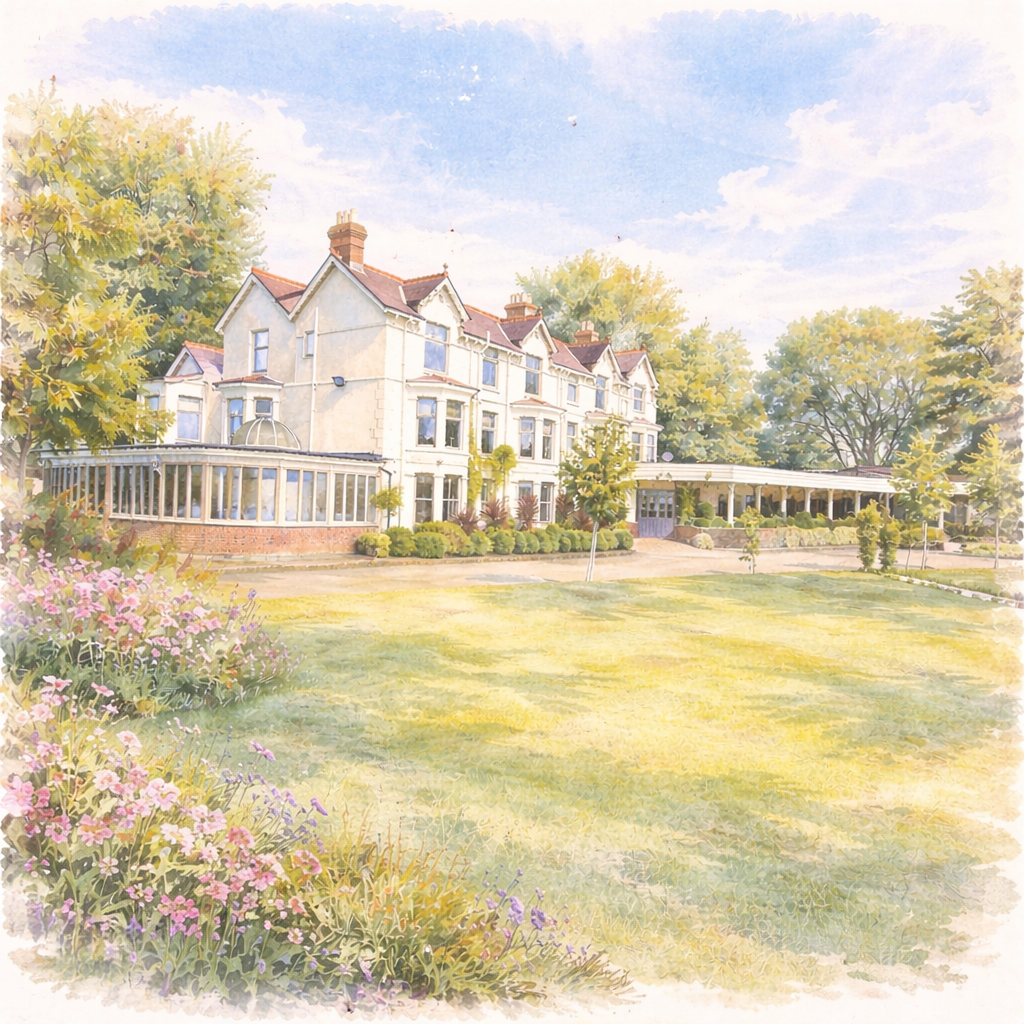 Watercolour of Southdowns Manor and its spring gardens in full bloom.