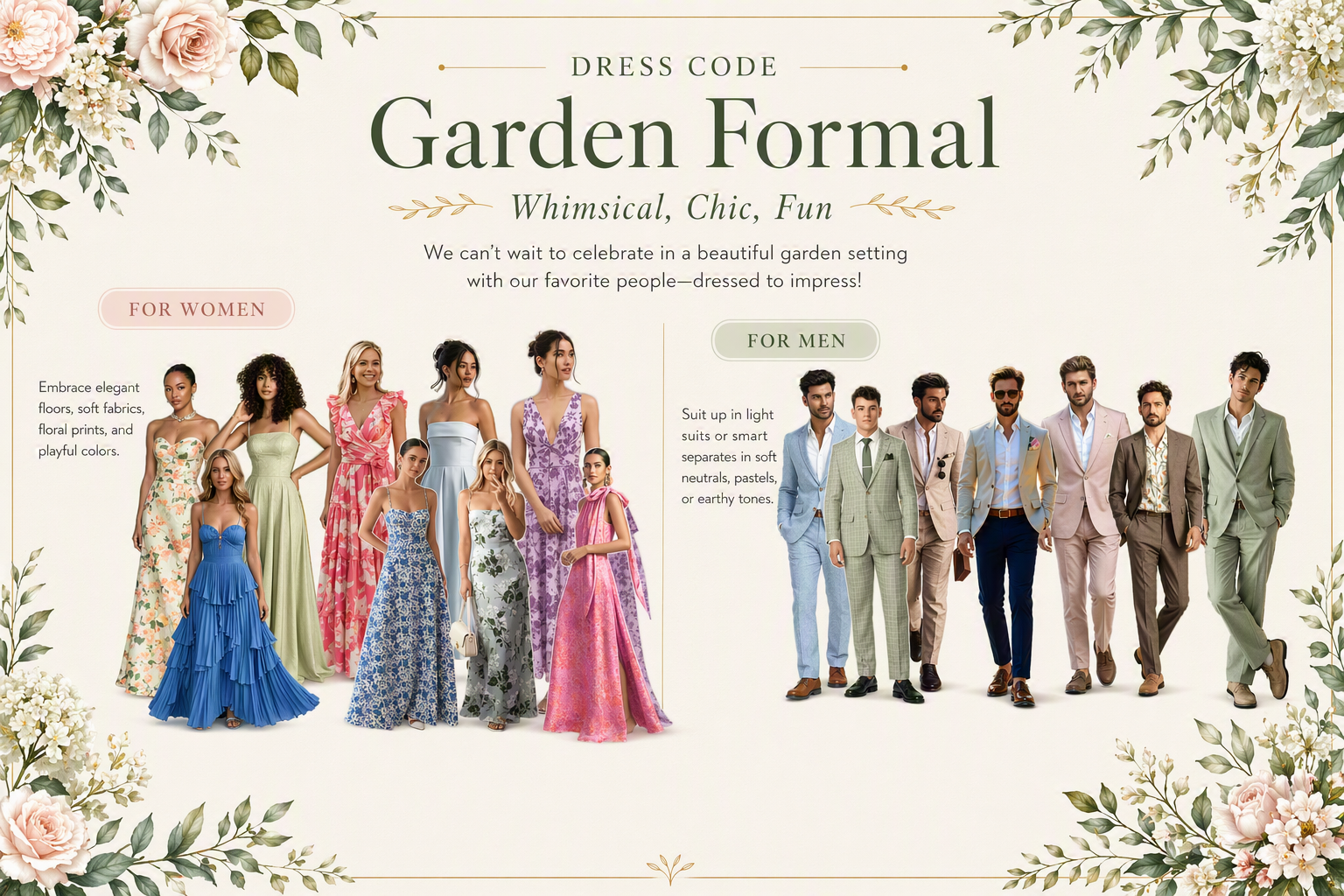 Illustrated Garden Formal dress-code guide. For women: elegant florals, soft fabrics, floral prints and playful colours. For men: light suits or smart separates in soft neutrals, pastels or earthy tones. Rows of guests in garden-formal outfits framed by watercolour flowers and foliage.